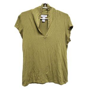 Carmen Marc Valvo Womens V-Neck Studded Top Size Large Olive Green Short Sleeve